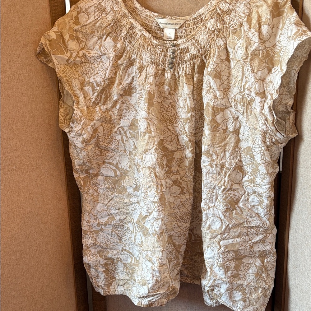 Christopher & Banks Beige Floral Blouse smocked and flocked xl